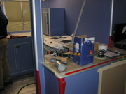 Galley area inside main cabin. Blue cabinetry and wall surfaces have been installed.