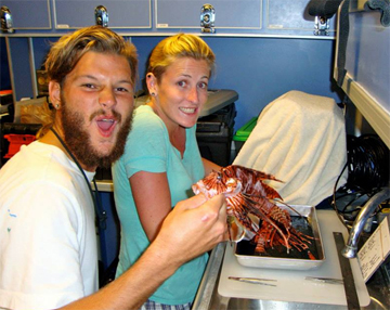 Two people dissecting lionfish at a counter
