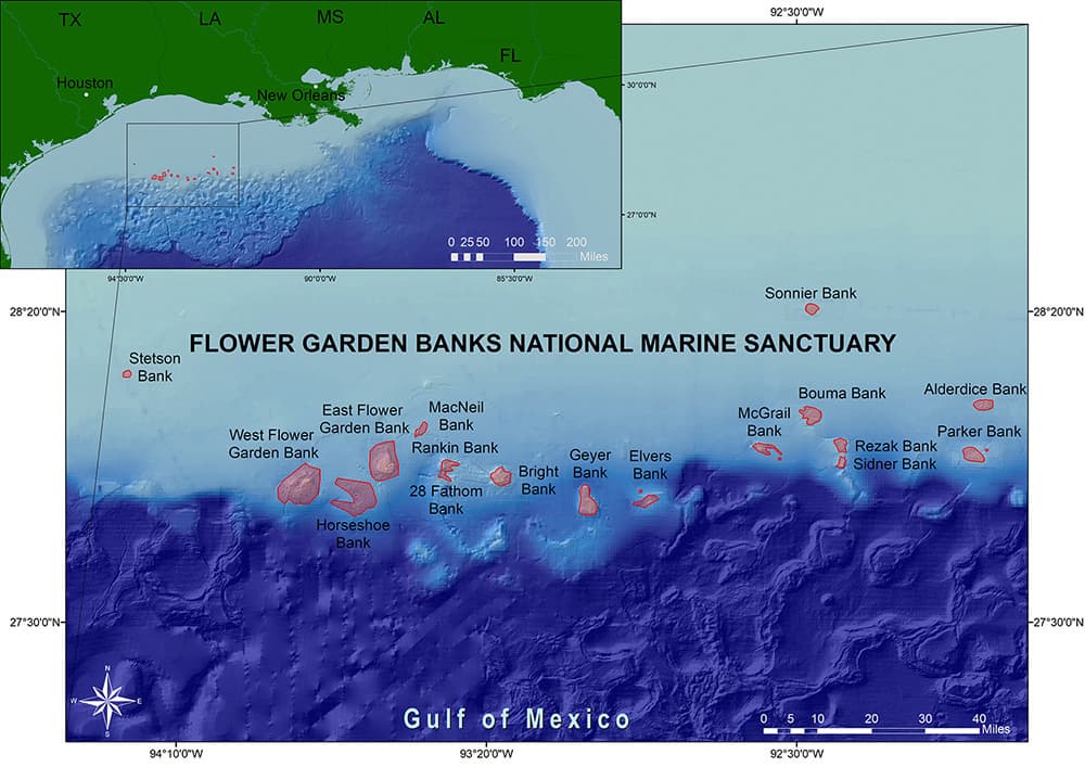 Map showing sanctuary boundary areas in the northwestern Gulf of Mexico