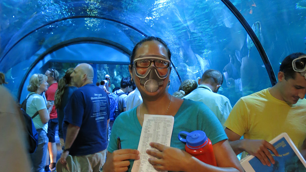 Teacher in paper scuba mask standing in an aquarium tunnel with other teachers