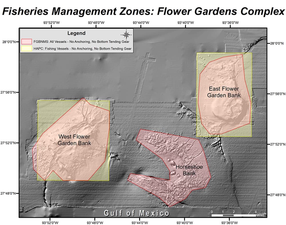 Map showing the Coral Habitat Areas of Particular Concern (HAPCs) and sanctuary boundaries at the Flower Garden and Horseshoe Banks