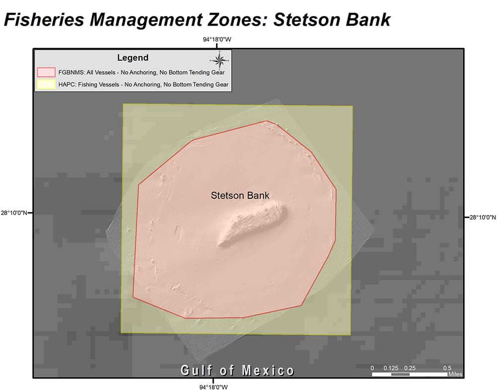 Map showing the Coral Habitat Areas of Particular Concern (HAPCs) and sanctuary boundaries at Stetson Bank