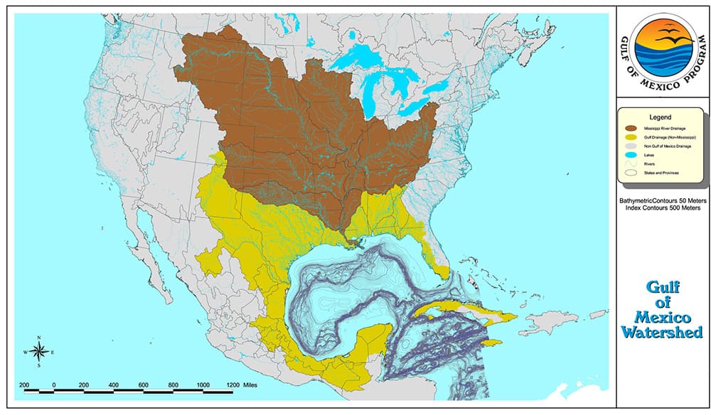 Map showing the major watershed that empties into the Gulf of Mexico, and how much of that is the Mississippi River Basin.