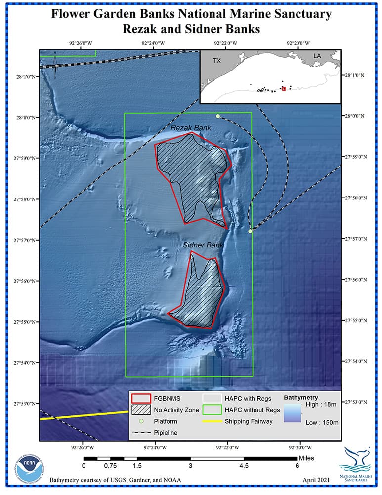 Bathymetric map of Rezak and Sidner Banks showing the sanctuary boundary lines, as well as other relevant management zones and infrastructure.