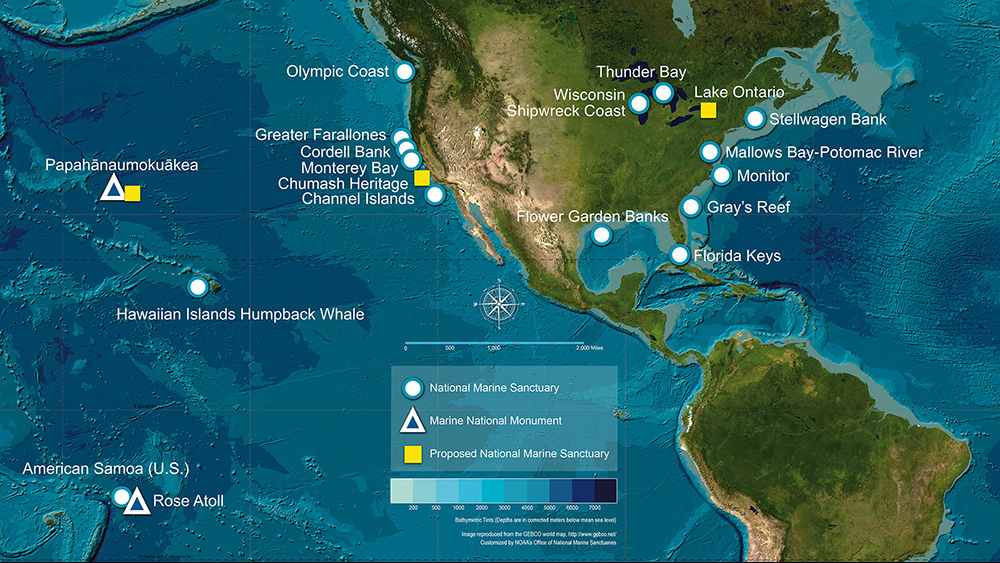 A map showing the locations of all national marine sanctuaries, marine national monuments and proposed sanctuaries.
