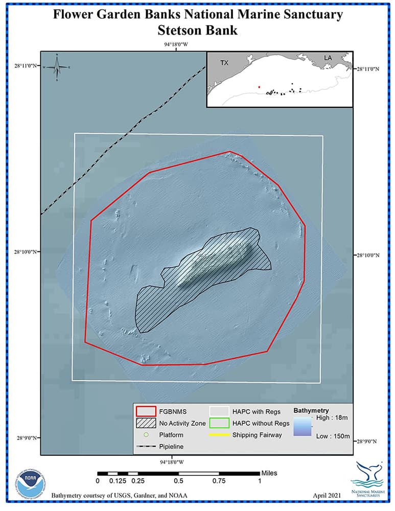 Bathymetric map of Stetson Bank showing the sanctuary boundary, as well as other relevant management zones and infrastructure.