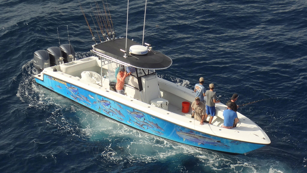 Aerial view of a fishing boat at sea with 6 people on board. Hull of the boat is painted blue with sharks and fish on it.