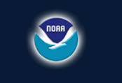 NOAA logo - a circle with a stylized seabird in flight; background is dark blue above the bird and light blue below the bird.